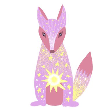 Fantastik pembe tilki. Uzay ın desenlerinde, yıldızlarda, güneşte. Kitap, kapak, kartpostal illüstrasyon için uygundur. Tasarımınız için.