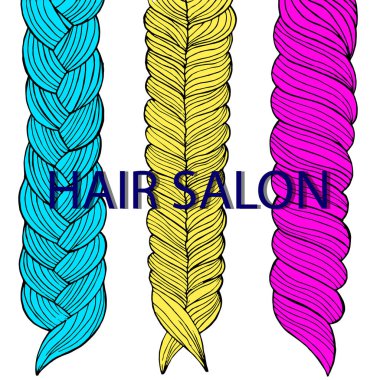 Örgü saç mavi, beyaz ve pembe. Boyanmış saç. Saç boyası. Afiş, kartvizit, logo, güzellik salonu logosu. Vektör çizimi