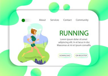 Vektör illüstrasyon - parkta çalışan kız. Arka planda orman, ağaçlar ve tepeler. Banner, site, poster şablonu metniniz için yer. Vektör grafikleri