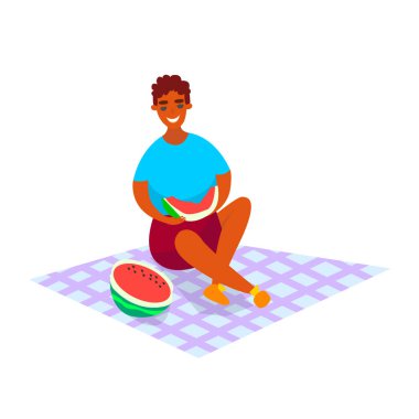 Adam piknikte oturur ve beyaz bir arka plan üzerinde karpuz yer. Vektör çizimi.