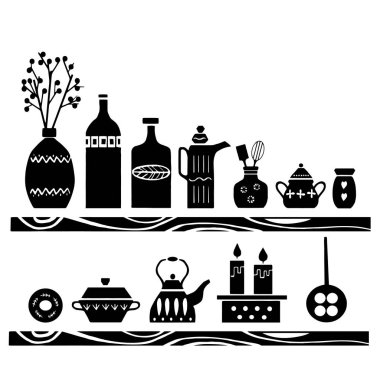 Mutfak gereçleri, elementler, İskandinav tarzında. Siyah beyaz vektör çizimi.