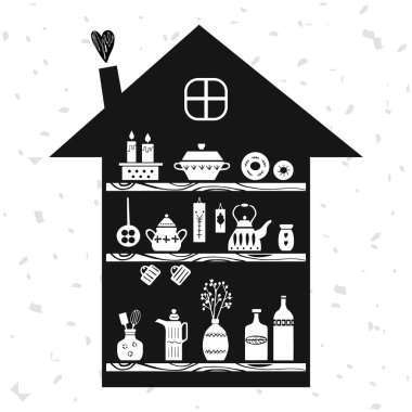 Mutfak, siyah ve beyaz, İskandinav tarzı tebrik kartı, bir ev şeklinde, grunge arka plan. Vektör çizimi.