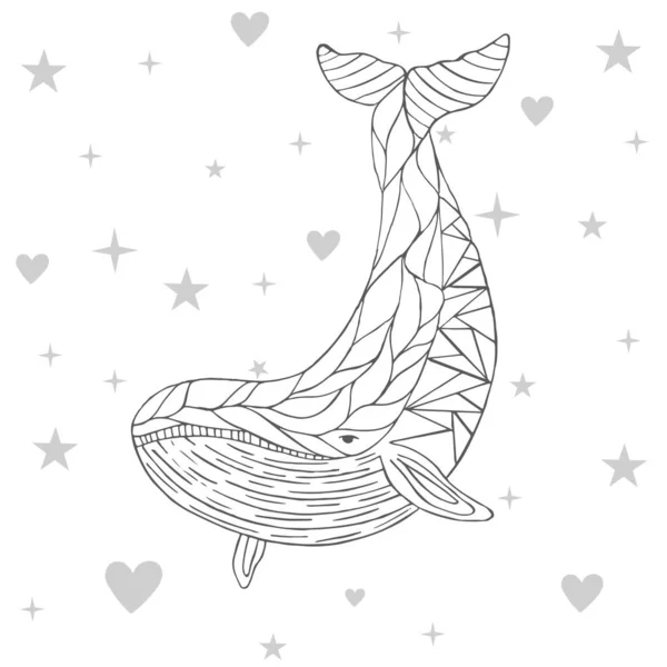 黒と白のクジラのグラフィック 心と星を背景にベクトルイラスト カバー タトゥー — ストックベクタ