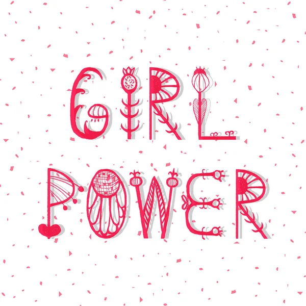 Lettrage Power Girl Ornement Floral Rose Sur Fond Moucheté Illustration — Image vectorielle