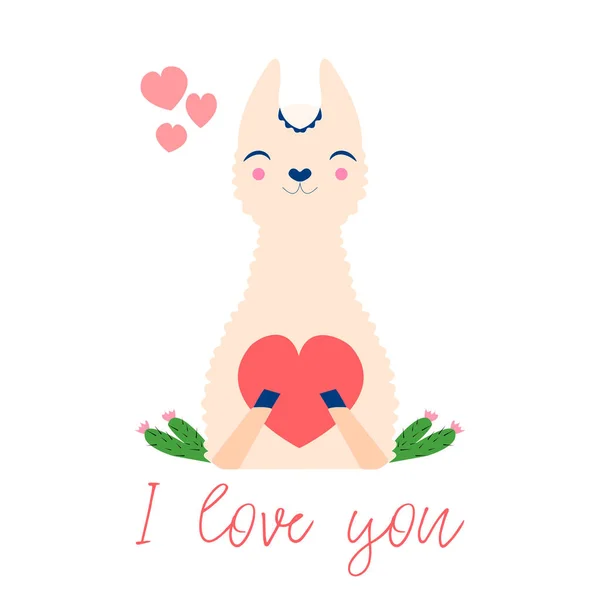 Vector Illustration Pink Llama Alpaca Inscription Love You White Background — Stock Vector