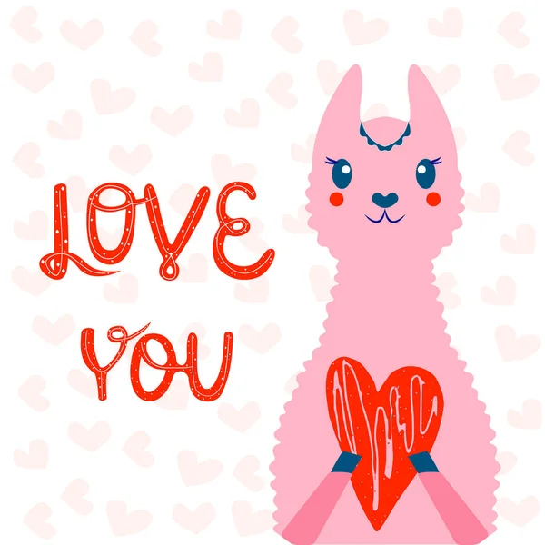 Pink Llama Alpaca Red Heart Words Love You Background Hearts — Stock Vector