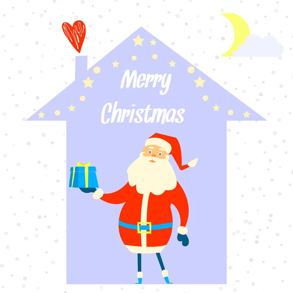 Санта Клаус Подарком Руке Фоне Украшенного Дома Надписью Рождеством Христовым — стоковый вектор