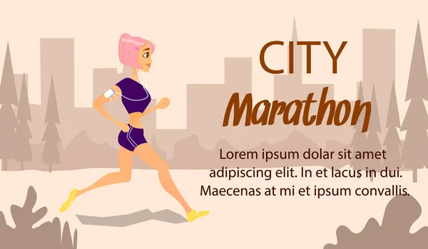 Una Chica Brillante Chándal Recorre Ciudad Con Inscripción City Marathon — Archivo Imágenes Vectoriales