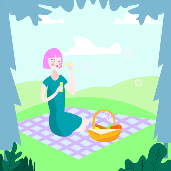 Dívka Která Sedí Parku Pikniku Fouká Mýdlové Bubliny Vektorová Ilustrace — Stockový vektor