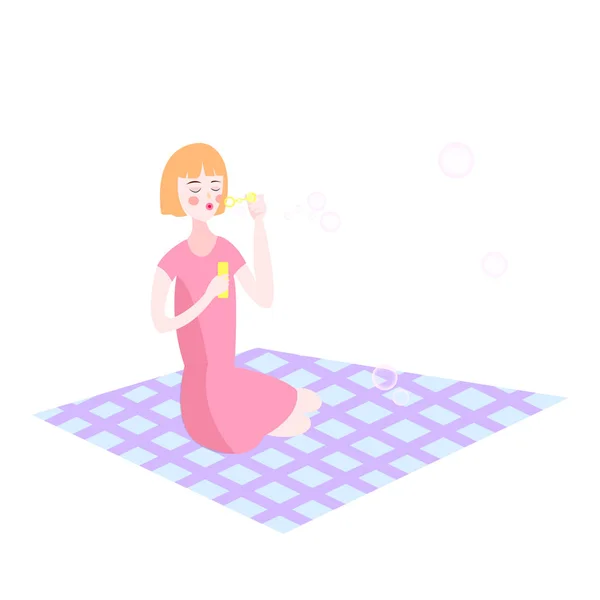 Dívka Růžových Šatech Fouká Bílé Pozadí Mýdlové Bubliny Vektorová Ilustrace — Stockový vektor
