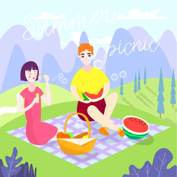 Sommerpostkarte Tochter Und Vater Beim Picknick Das Mädchen Pustet Seifenblasen — Stockvektor