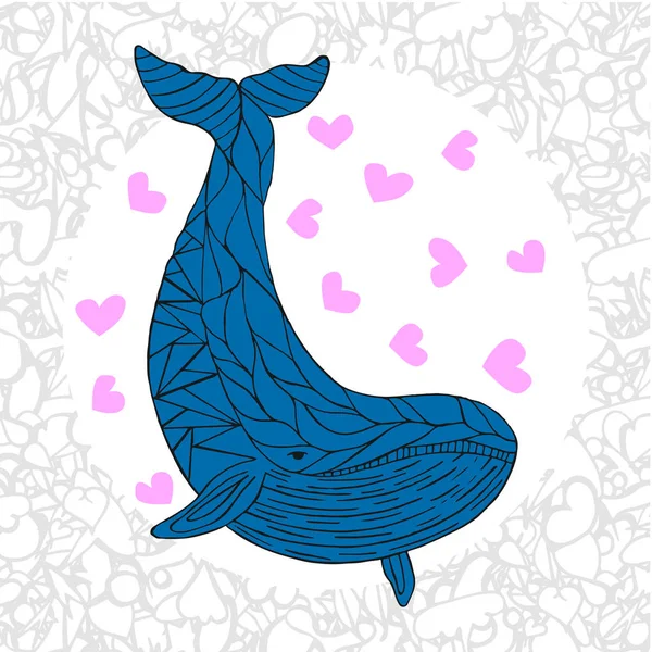 心を持つ漫画のクジラベクトルカード かわいい幸せな海のクジラ 素敵な子供じみたカード 微笑むクジラ 恋に落ちたクジラクジラのグリーティングカード — ストックベクタ