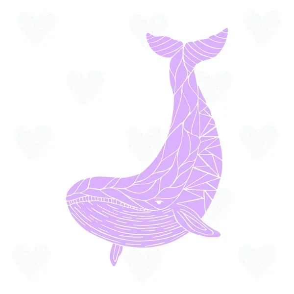 青い心を背景に幾何学的な紫色のクジラ 海の店 海洋製品 エコ会社 キャンプやビジネスのために使用することができます ベクトル — ストックベクタ