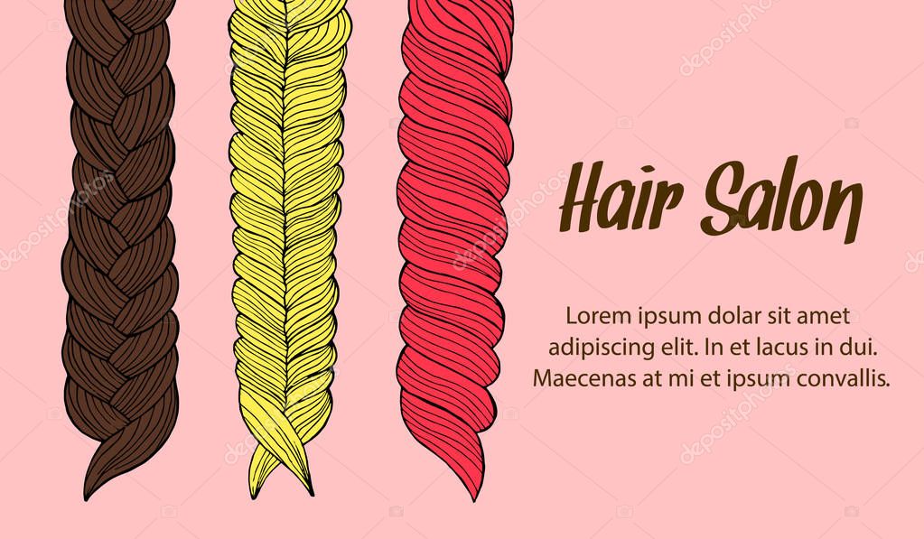 Cartoon hair braids thin line art illustration set of 3 different hair braids blonde brown hair redhead, isolated on pink background, vector eps 10
