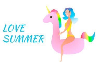 Pembe şişme tek boynuzlu at üzerinde mayo kız. Beyaz arka planda metin aşk yaz için yer ile. Vektör çizimi.