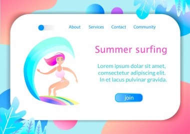 Vektör illüstrasyon - Surfboard Kız okyanus Dalga fethetti. Palmiye, arka planda kum. Banner, site, metin için yer ile poster şablonu. 