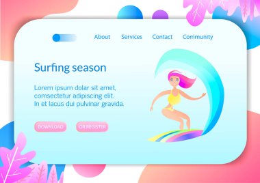 Okyanusta dalga fetheder genç Surfer Girl ile Vektör açılış Sayfa kavramı. Parlak Degrade renkler, yatay kompozisyon. Düz İllüstrasyon.