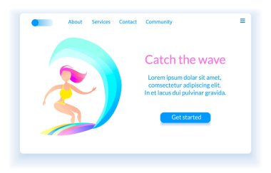 Okyanusta dalga fetheder genç Surfer Girl ile Vektör açılış Sayfa kavramı. Seyahat veya aktif, spor rekreasyon için modern gradyan tarzında. Web sitesi. Vektör İllüstrasyonu.