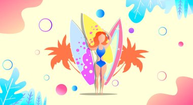 Bright Beach Holiday konsepti, Surfer Girl bir Surfboard, palmiye ağaçları, kum tutar. Modaya uygun modern renkte, Gradient. Vektör İllüstrasyonu.