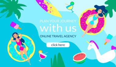 Concept of landing Page on theme of Summer Vacation on Beach - Sea - Ocean. Girls swim on donut-shaped air mattress. Palm trees - unicorn - surfboard - fruit. For mobilewebsite, web page. Vector graphics. clipart