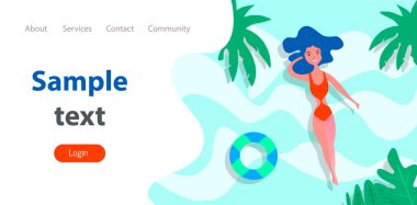 Plaj, Deniz ve yüzen Kadın ile Yaz tema Banner. Palm ağaçları ve egzotik bitkiler ile tropik plaj Vektör İllüstrasyon. Tur Operatörü veya Seyahat Acentesi için yaratıcı afiş.