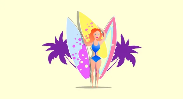 Girl Beach Hordoz Szörfdeszka Karikatúra Plakát Nyári Sport Tevékenység Tengeri — Stock Vector