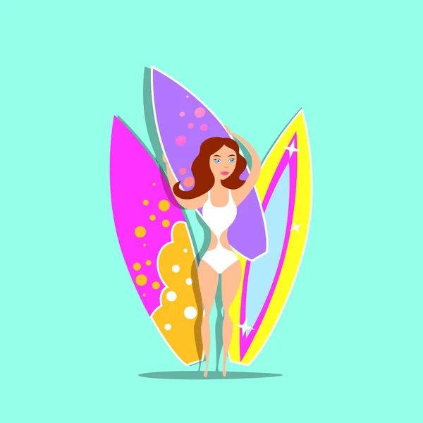 女の子はサーフボードの背景にサーフィンです ベクトルイラストレーション — ストックベクタ