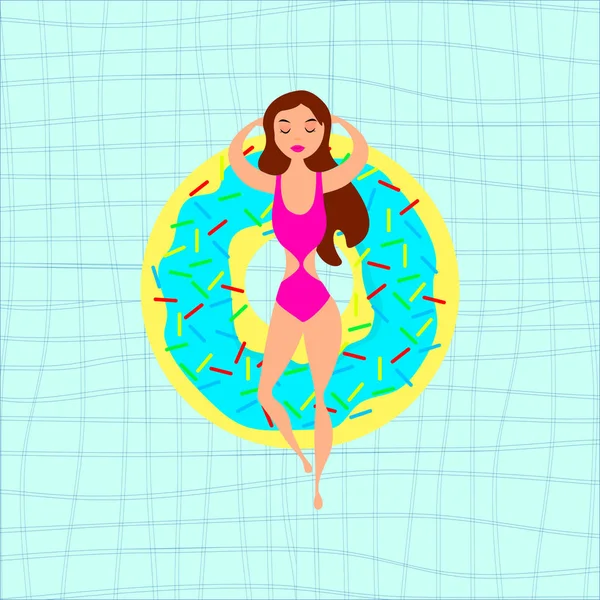 Дівчина Купальнику Надувному Матраці Формі Пончика Плаває Басейні Векторна Ілюстрація — стоковий вектор
