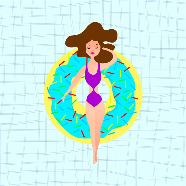 Chica Traje Baño Forma Donut Colchón Inflable Nada Piscina Ilustración — Vector de stock