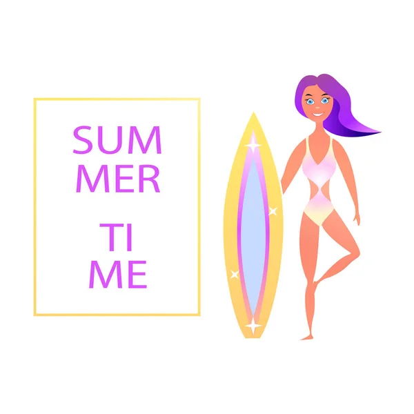 Tanned Surfer Girl Com Cabelo Roxo Segurando Prancha Surf Ilustração — Vetor de Stock