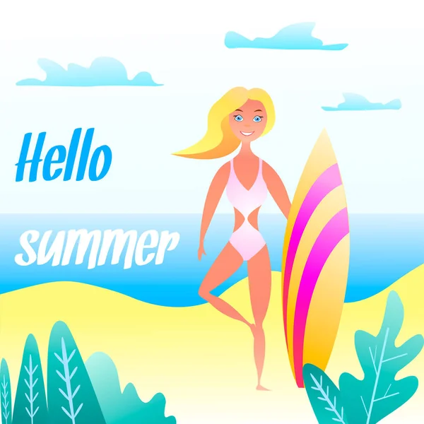 Bright Summer Illustration Cartoon Style Girl Surfboard Background Sea Beach — Stock Vector