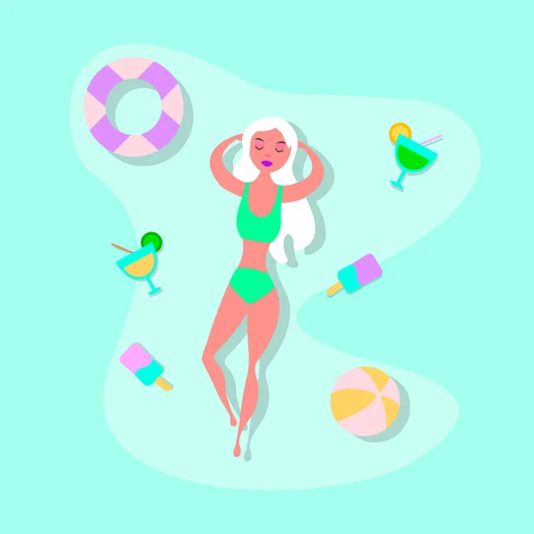 プールで泳いだりくつろいだりする美しい女性のイラスト スイミングサークル ウォーターボール アイスクリームのトップビュー カクテル ベクトル — ストックベクタ