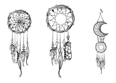 El çizimi düş kapanları. Etnik öğeler, tüyler ve boncuklar. Tek renkli vektör illüstrasyonu