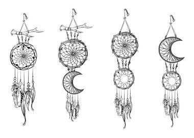 El çizimi düş kapanları. Etnik öğeler, tüyler ve boncuklar. Tek renkli vektör illüstrasyonu