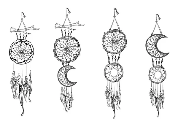 El çizimi düş kapanları. Etnik öğeler, tüyler ve boncuklar. Tek renkli vektör illüstrasyonu