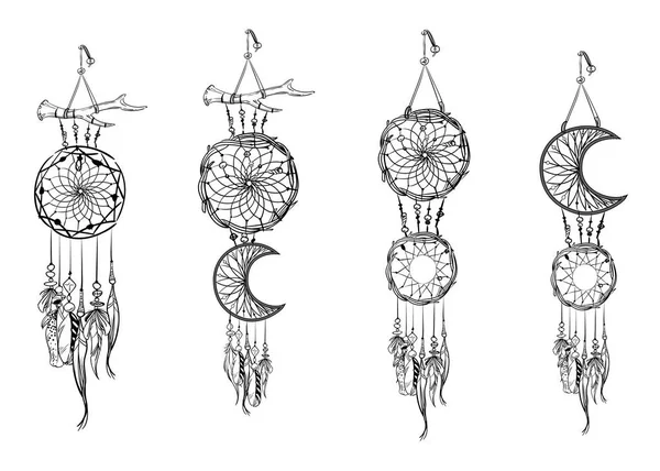 Набор Рукописных Ловцов Снов Украшенные Этнические Предметы Перья Бусы Монохромная — стоковый вектор
