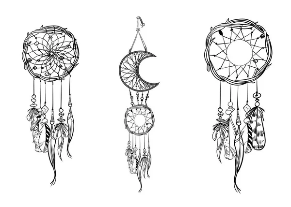 Handgetekende Dromenvangers Ornate Etnische Items Veren Kralen Monochrome Vector Illustratie — Stockvector