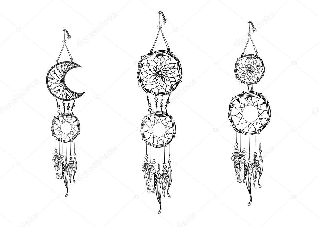 Set of hand drawn dream catchers. Ornate ethnic items, feathers and beads. Monochrome vector illustration
