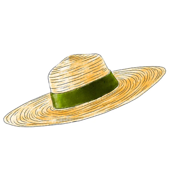 緑のリボンと幅の余白が白い背景で隔離の麦わら帽子 不可欠な夏のアクセサリーとビーチ属性 — ストック写真