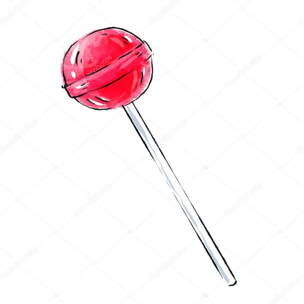 Pink lollipop illustration isolated on white background. Candy for children and adults. Sweet accessory. Sugar bowl on stick