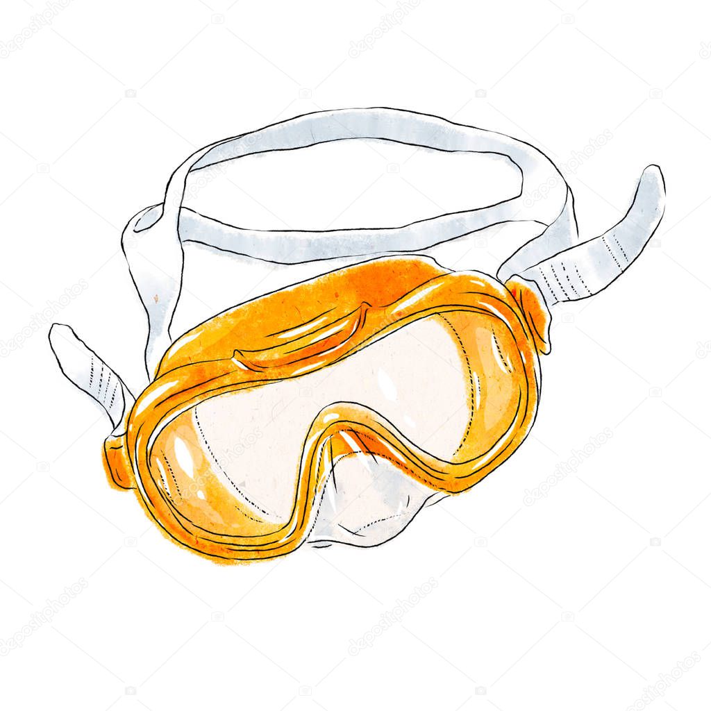 Yellow mask for scuba diving isolated on white background. Accessory for swimming and active leisure on the sea