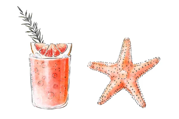 Colorfu Hand Drawn Illustration Delicious Smoothie Fresh Fruit Starfish Fresh — Stock Photo, Image