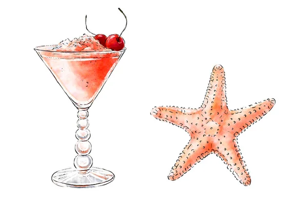 Colorfu Hand Drawn Illustration Delicious Smoothie Fresh Fruit Starfish Fresh — Stock Photo, Image