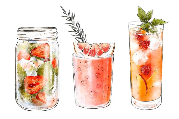 Set of colorful hand-drawn illustrations of delicious fsummer cocktails with fresh fruits and ice in a beautiful glasses. Healthy beverage. Vitamin natural drinks