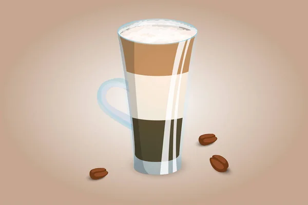 Bebida Café Tres Capas Una Taza Transparente Con Espuma Leche — Vector de stock