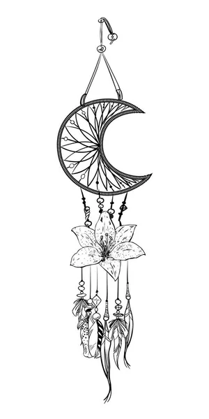 Monochrome Vektorillustration Mit Handgezeichnetem Traumfänger Verzierte Ethnische Gegenstände Federn Perlen — Stockvektor