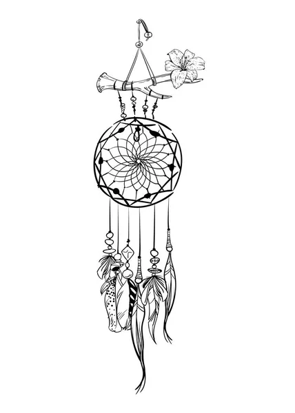 单色矢量插图手绘梦想捕手 华丽的民族用品 珠子和花朵 — 图库矢量图片