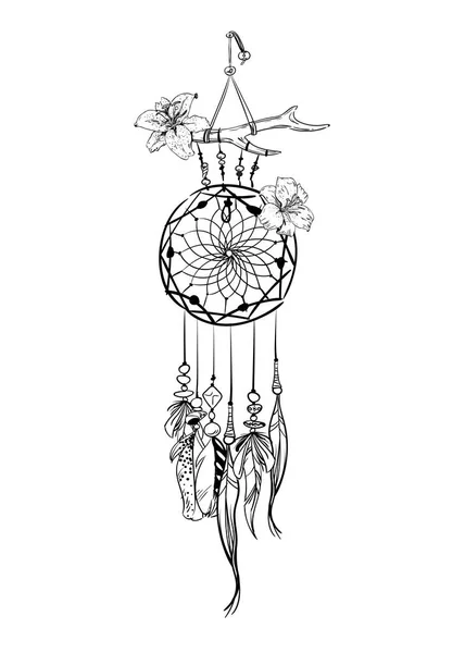 Monochrome Vector Illustration Hand Drawn Dream Catcher Ornate Ethnic Items — Stock Vector