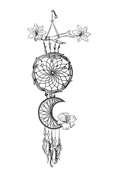 Illustrazione Vettoriale Monocromatica Con Acchiappasogni Disegnato Mano Oggetti Etnici Ornati — Vettoriale Stock