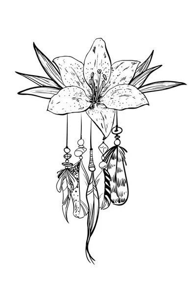 单色矢量插图与手绘花和鸟类羽毛 华丽的民族用品 珠子和花朵 — 图库矢量图片